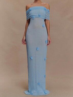Meshki Orchid Brynn Blue Off-Shoulder Gown w/ Floral Rosettes - Bump-Friendly
